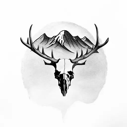 elk skull with mountains and trees tattoo design idea