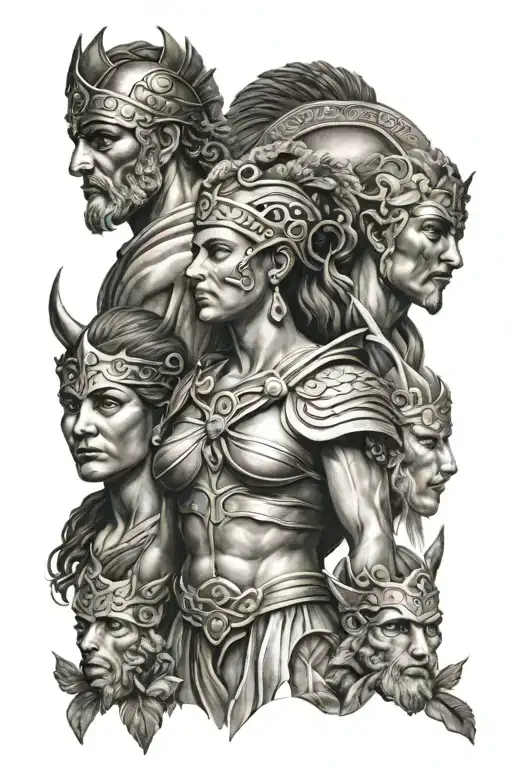 Greyscale greek tattoo with warrior, olive and artemis goddess tattoo design idea