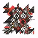 8 bit themed psychedelic geometric pattern of videogame background, tilable. tattoo design idea