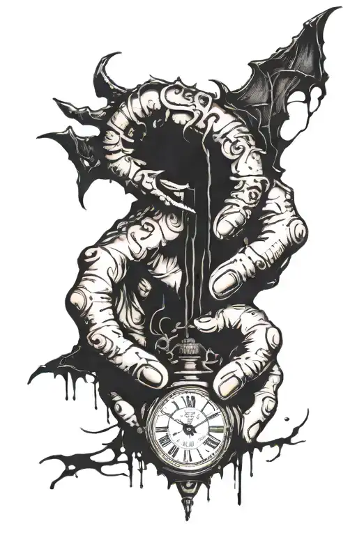 child's hand crumbling like sand and holding a clock tattoo design idea