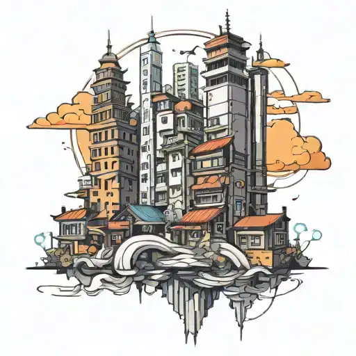 city skyline anime buildings  tattoo design idea
