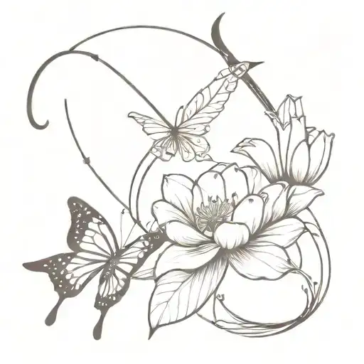  sagittarius bow and arrow with a lotus and lily wrapped around the bow with a monarch butterfly  tattoo design idea