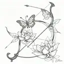  sagittarius bow and arrow with a lotus and lily wrapped around the bow with a monarch butterfly  tattoo design idea