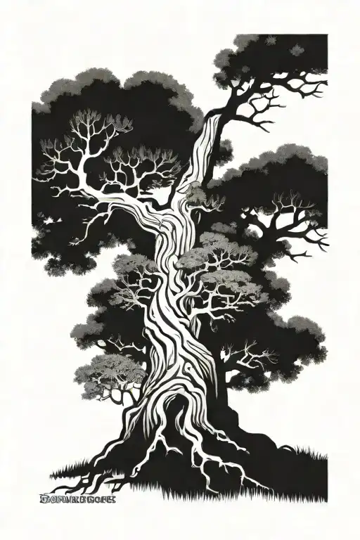 oaktree with roots and arborist climbing a tall tree tattoo design idea