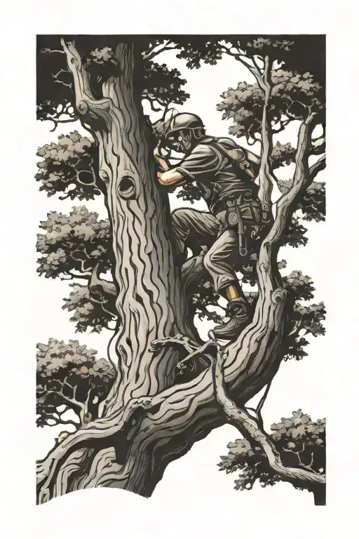 arborist climbing oaktree tattoo design idea