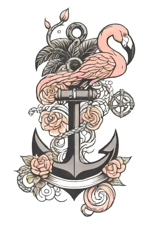 anchor and flamingo combined together tattoo design idea