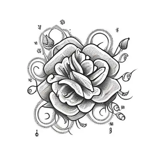 A traditional style tattoo featuring a bouquet of flowers representing April, January, September, and November, with musical notes intertwined tattoo design idea