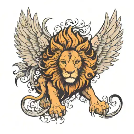 lion with phoenix bird wings tattoo design idea