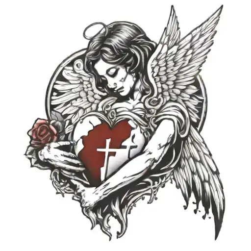 angel with bleeding broken heart tattoo design idea