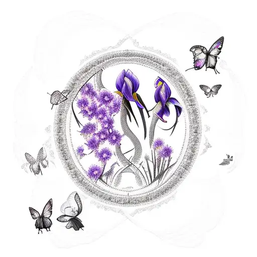A blackwork silhouette of a horseshoe filled with delicate purple irises, yellow daffodils, dandelions, and accompanied by flying butterflies and Robin birds tattoo design idea