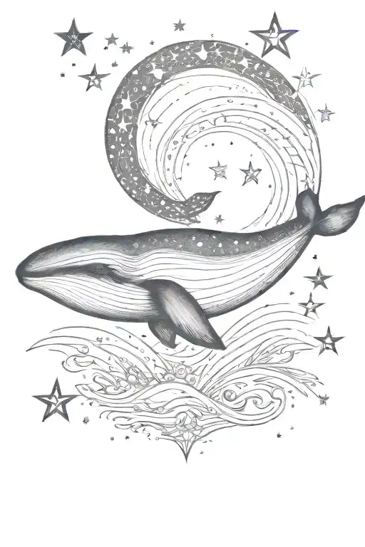 A tattoo depicting a majestic whale swimming through space, surrounded by stars and an owl, spirituality and gratitude  tattoo design idea