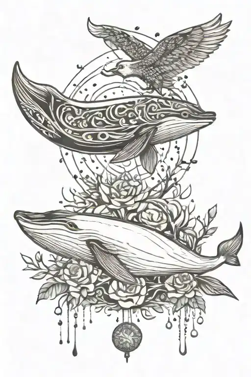 A whale and owl with a symbol of a godess in the middle and a symbol of gratitude with trees and rain  tattoo design idea
