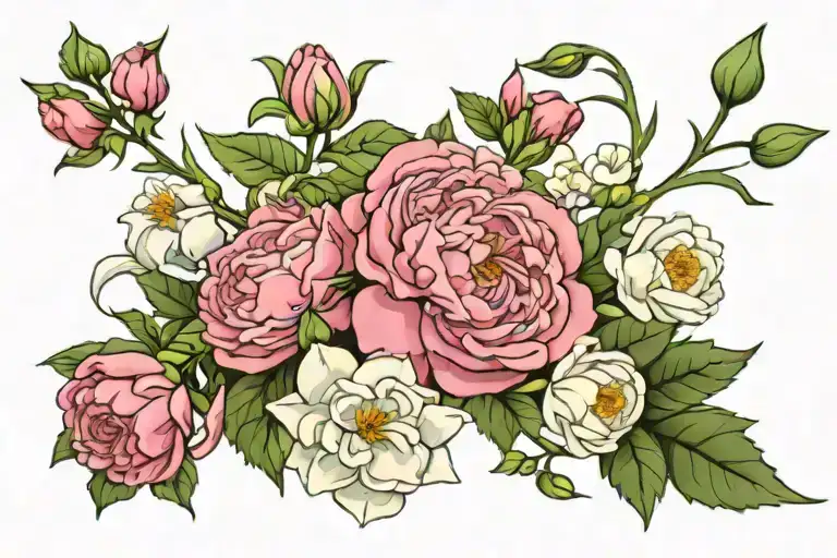 holly and narcissus flower, carnations and snowdrop flower, rose and honeysuckle,chrysanthemum and peony, primrose tattoo design idea