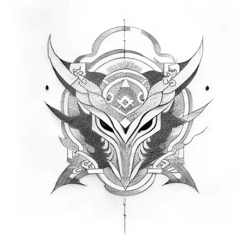 A blackwork tattoo of a Hayabusa surrounded by game symbols tattoo design idea