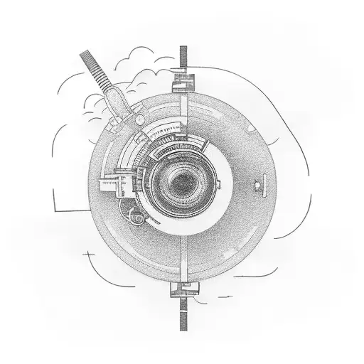 A movie camera lens with a winding road leading to a beach sunset tattoo design idea