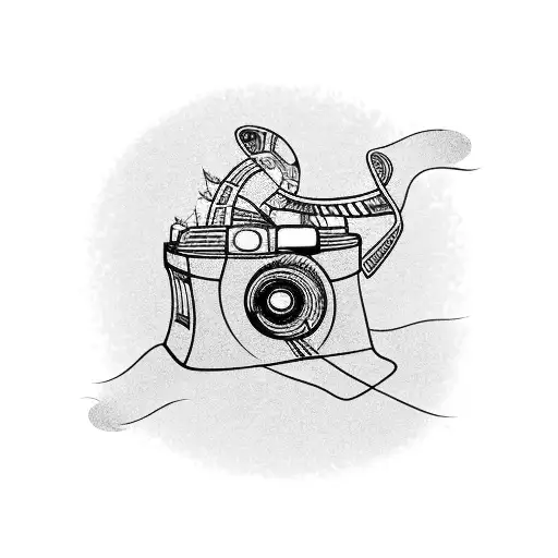 A movie camera lens with a winding road leading to a beach sunset tattoo design idea