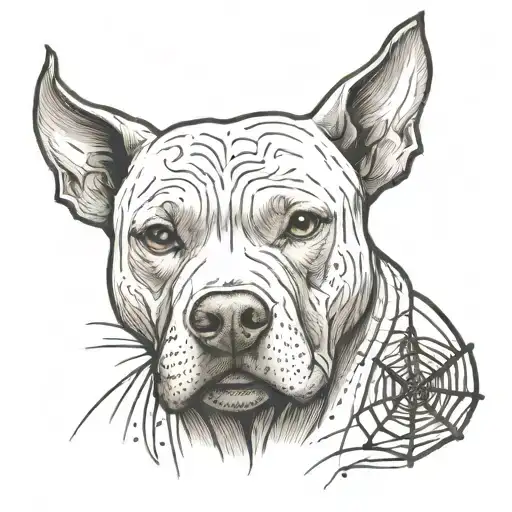 pit bull with a spider's web on his chest holding a twig of weavers in his hand tattoo design idea