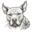 pit bull with a spider's web on his chest holding a twig of weavers in his hand tattoo design idea