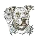 pit bull with a spider's web on his chest holding a twig of weavers in his hand tattoo design idea