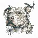 pit bull with a spider's web on his chest holding a twig of weavers in his hand tattoo design idea
