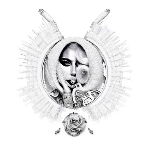 Lady Gaga's iconic outfits transformed into a musical sleeve tattoo design idea