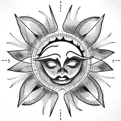 the sun in a flame of sharp pins tattoo design idea
