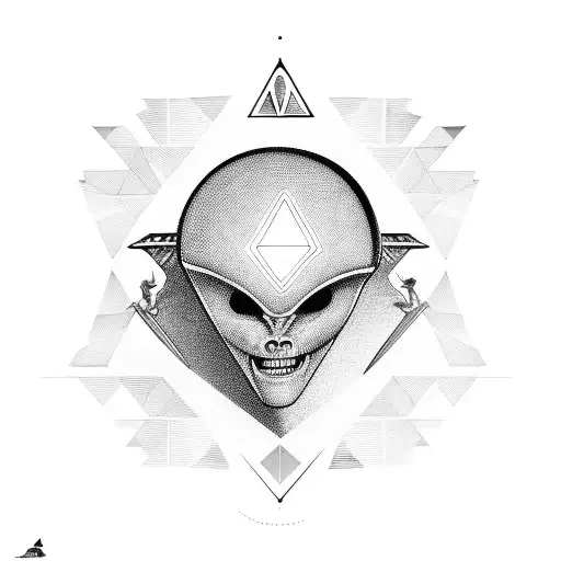 alien head above a ufo abducting humans over pyramids with geometric patterns tattoo design idea