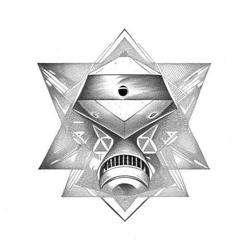 alien head above a ufo abducting humans over pyramids with geometric patterns tattoo design idea