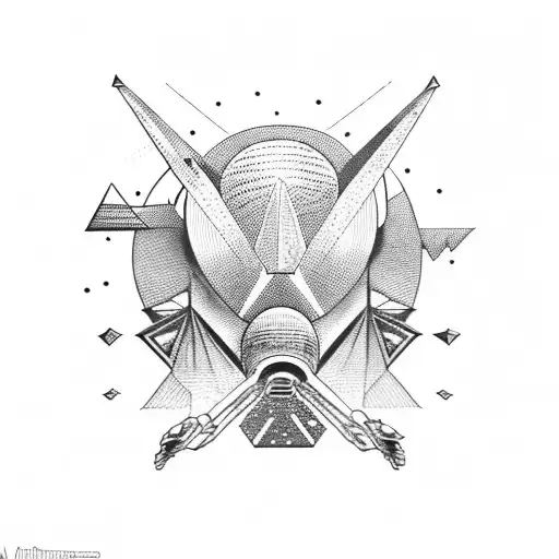 alien head above a ufo abducting humans over pyramids with geometric patterns tattoo design idea