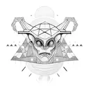 alien head above a ufo abducting humans over pyramids with geometric patterns tattoo design idea