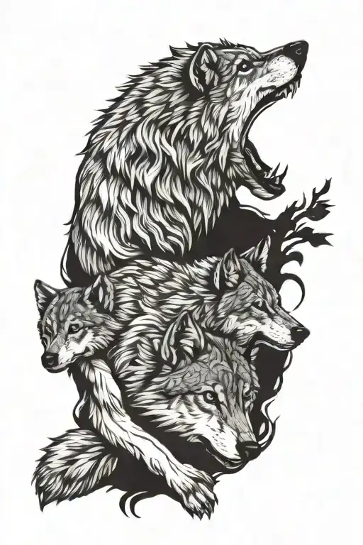 wolf with cubs playing tattoo design idea