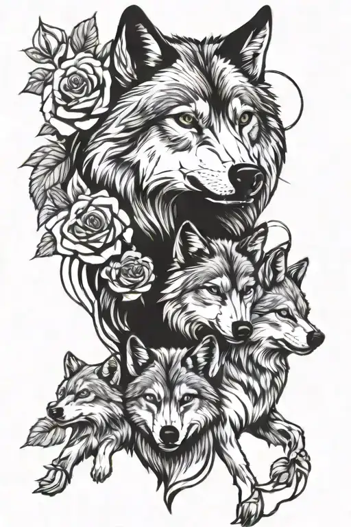 wolf with cubs intertwined with roses tattoo design idea