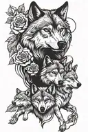 wolf with cubs intertwined with roses tattoo design idea