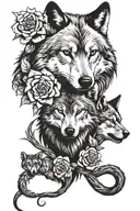 wolf with cubs intertwined with roses tattoo design idea