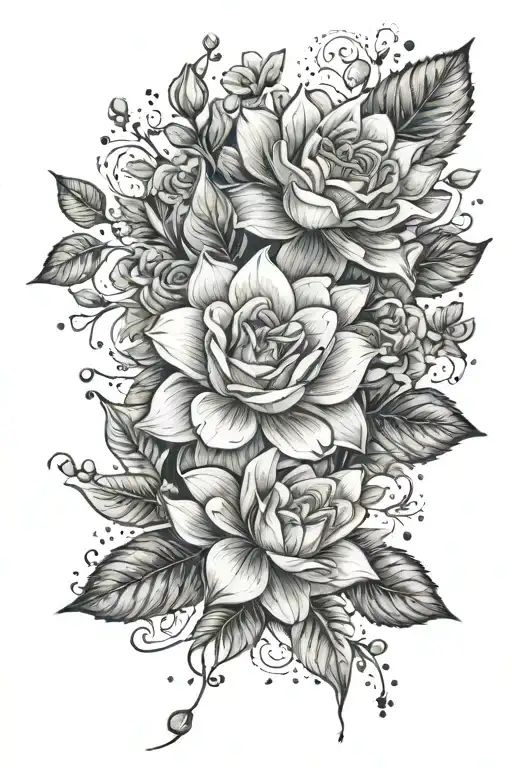 sleeve tattoo on the left arm with the following flowers: roses, daisies, water lily, various leaves tattoo design idea