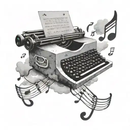 A typewriter keyboard with musical notes floating above it, set against a cloudy sky backdrop tattoo design idea