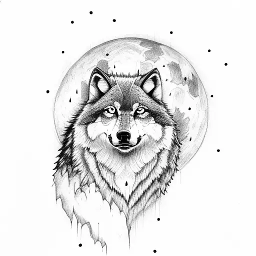 A majestic wolf howling at the moon in a dense forest tattoo design idea