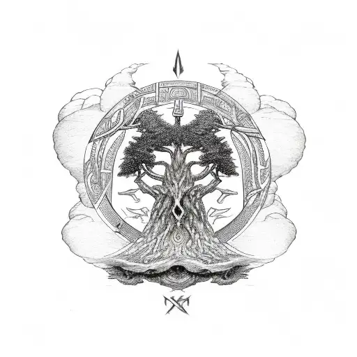 Odin's ravens and Yggdrasil tree with norse runes tattoo design idea