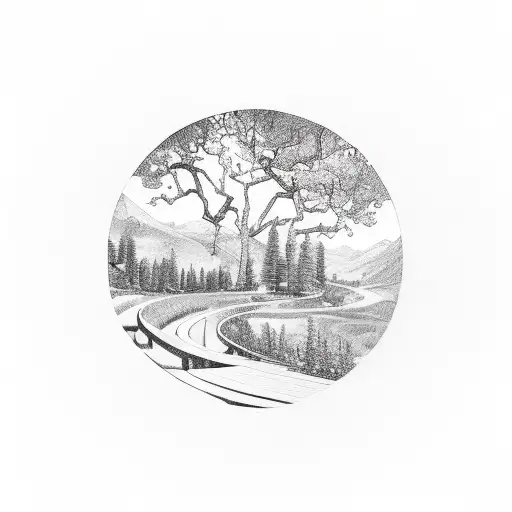 A serene landscape of a valley with a winding road leading towards a meaningful symbol tattoo design idea
