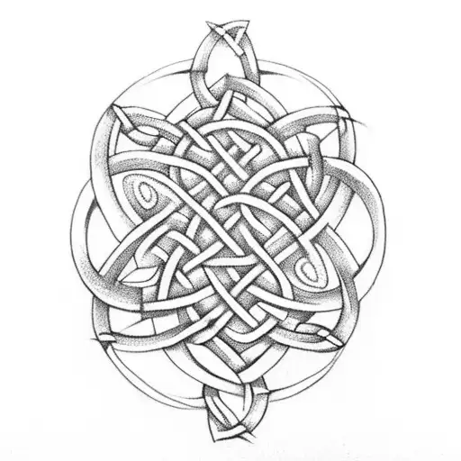 A Celtic knot-inspired minimalist design of two villages connected by a bridge tattoo design idea