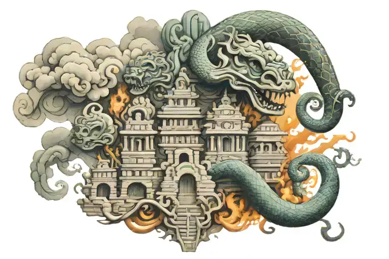 mayan architecture serpent smoke billowing tattoo design idea