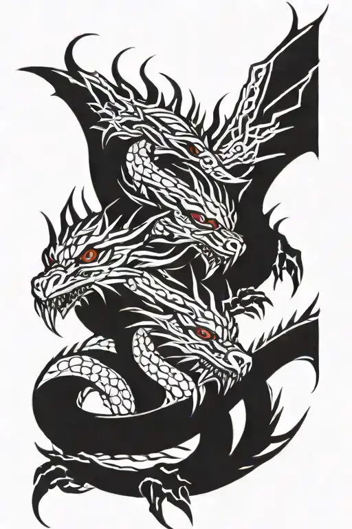three headed dragon wrapping around shoulder tattoo. black and white, with a little bit of red in places to contrast  tattoo design idea