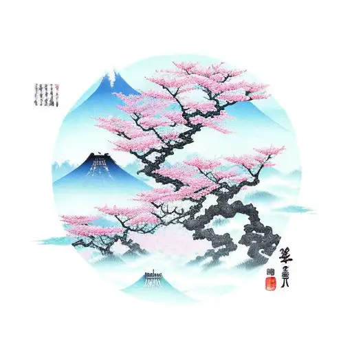 ryu's stage castle in the distance from the perspective of a valley with cherry blossoms blowing in the wind tattoo design idea