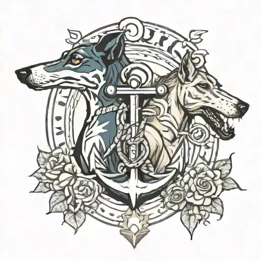 Anchor, Greyhound, Pidgeon and Racehorse tattoo design idea