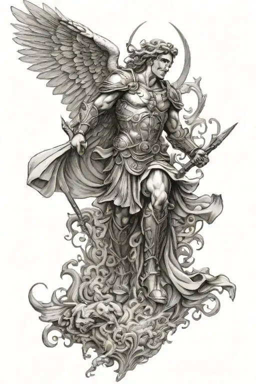 Archangel Michael defeating satan tattoo design idea