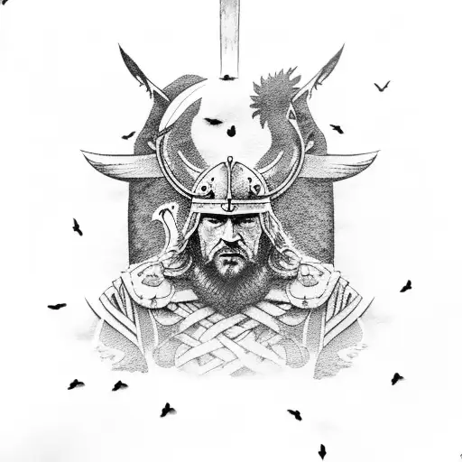 viking gods above tree line, with ravens in background for upper arm, bicep and inner arm half sleeve  tattoo design idea