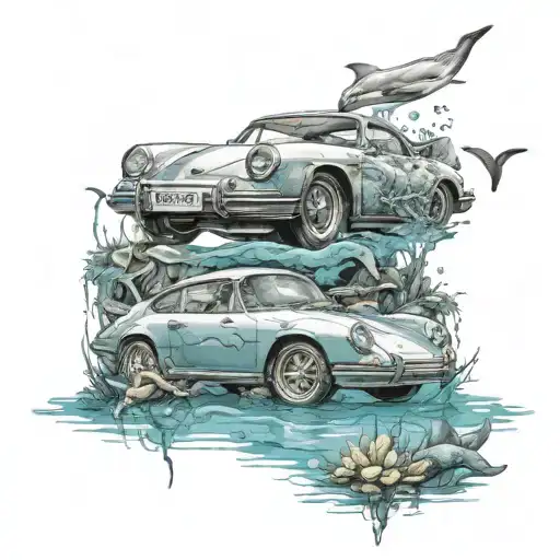 An underwater scene with dolphins swimming around a sunken Porsche car, combining the client's fascination with dolphins and luxury cars tattoo design idea
