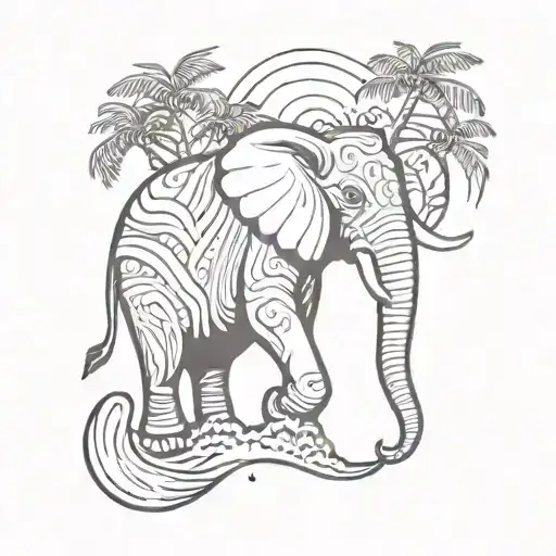 A tribal-inspired tattoo featuring an elephant surrounded by palm trees and waves, reflecting the client's passion for traveling and beach life tattoo design idea