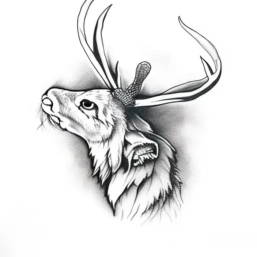 jackalope howling at the moon next to a fire in the forest tattoo design idea