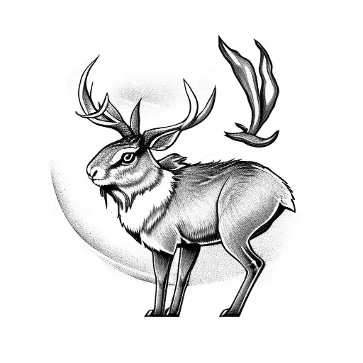jackalope howling at the moon next to a fire in the forest tattoo design idea